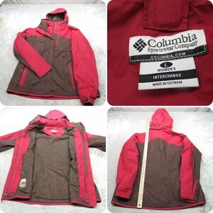 Columbia Jacket Womens Large Red Brown Interchange Hooded‎ Waterproof 3in1 Shell